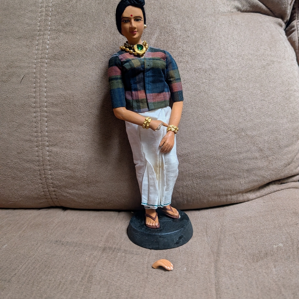 Handcrafted Female Doll in Multi-Color Plaid Top and White Skirt